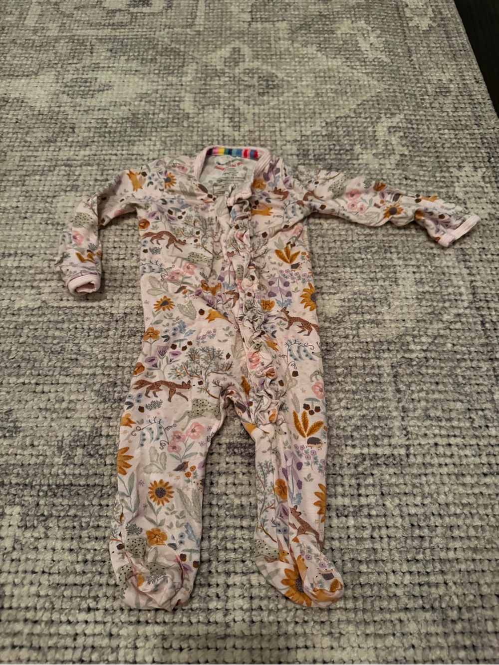 Magnetic Me Floral & Fox Ruffle Footed One-Piece - Pink, Mustard, Green